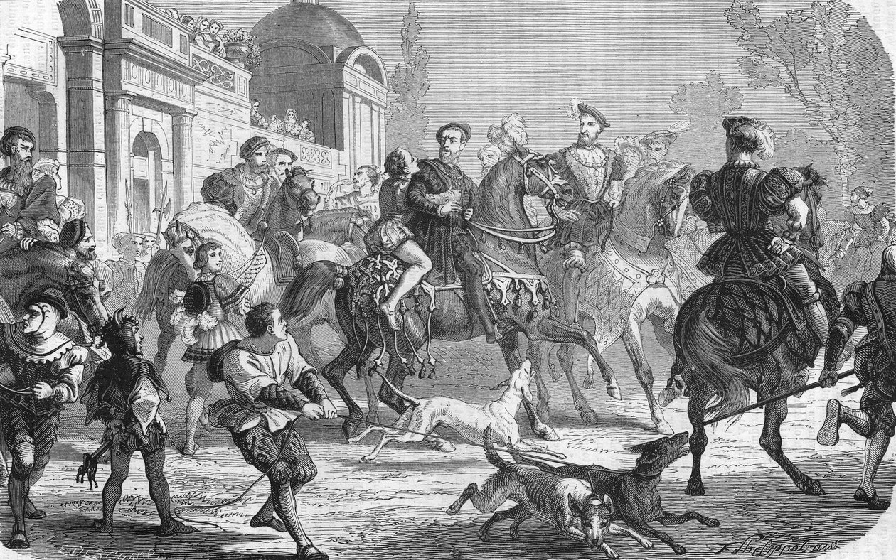 Karl V (1500-1558) ved hoffet til Francois 1. (1494-1547). af Unknown artist