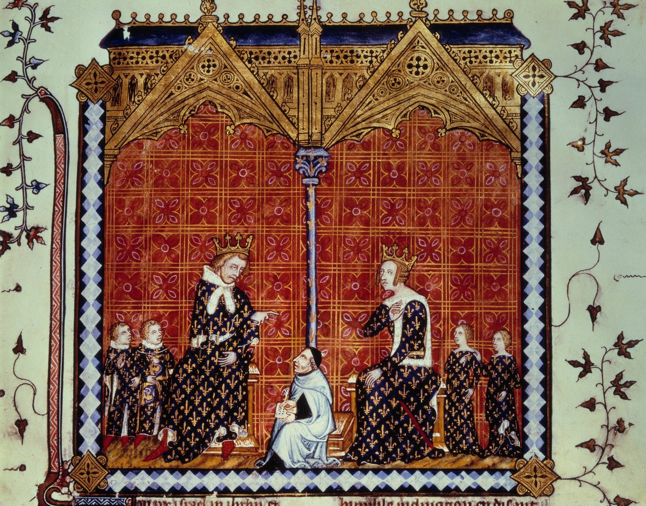 Charles V den Vise og Jeanne de Bourbon, omgivet af deres børn. Miniature fra manuskriptet "" Rational des divins offices""" Folio 1, beskrevet af Guillaume Durand og oversat af Jean Golein af Unknown artist