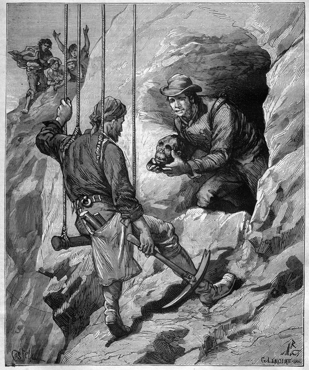 Charles Wiener (1851-1913) fransk opdagelsesrejsende og diplomat, der udforsker en gravhule i Peru - indgravering i "" journal des voyages""" 1887 af Unknown artist
