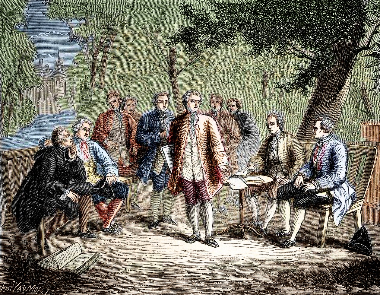 Charles de Secondat Montesquieu med det videnskabelige cenacle på Castle Clairac, Frankrig - Det videnskabelige cenakel på slottet de Clairac: Montesquieu og baronen de Secondat, hans, ridderen af ​​Vivens, Romas og Dutilh-brødrene - i "Album de la Science af Unknown artist