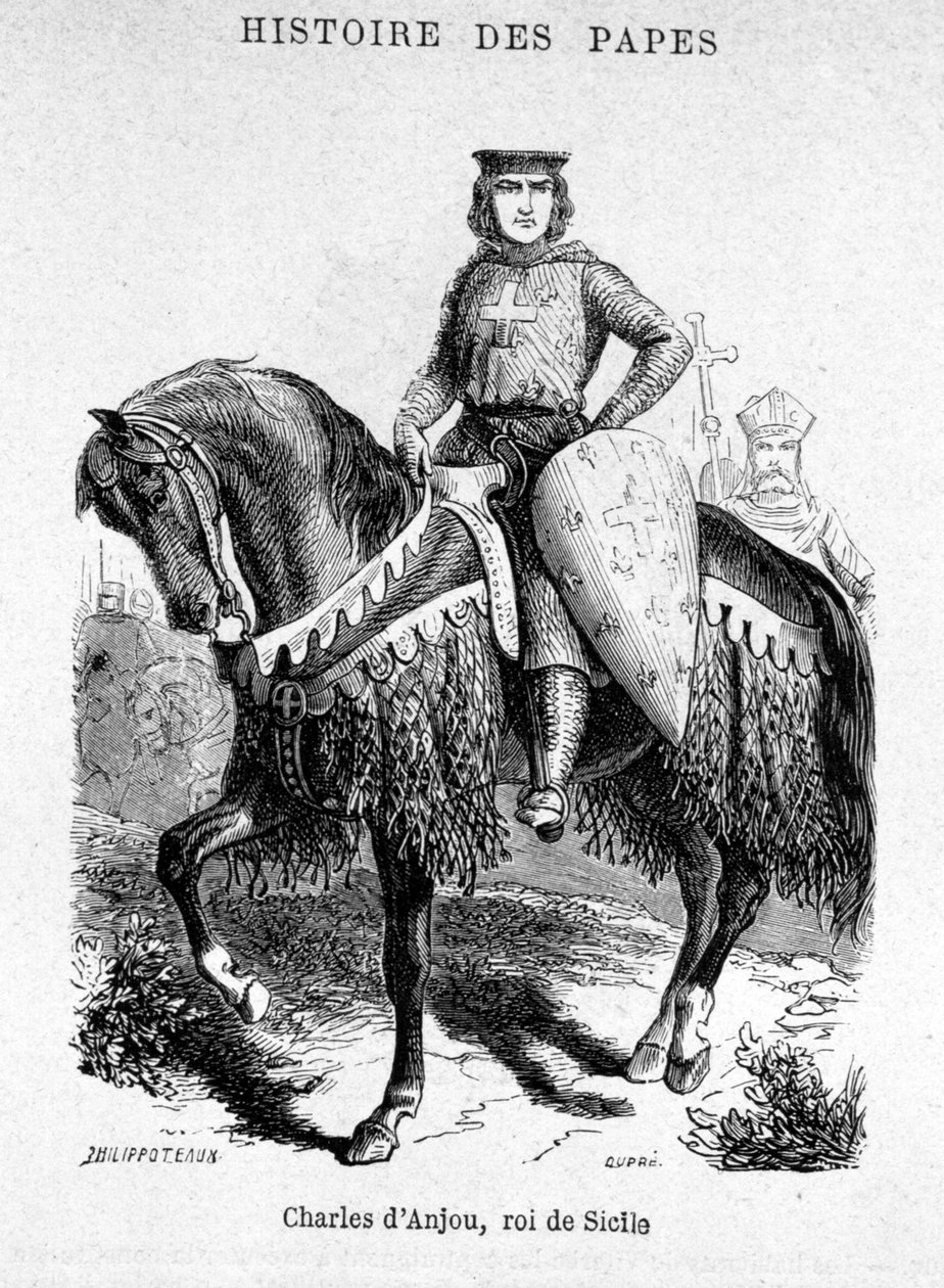 Charles af Anjou, konge af Sicilien - Illustration i "History of Popes, Kings, Queens, Emperors, through the Centuries" af Maurice Lachatre af Unknown artist