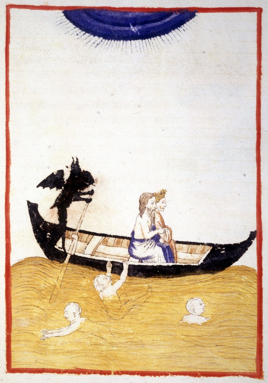 Charon (Caron) får Dante og Virgil Acheron til at krydse underverdenens flod - i "Den guddommelige komedie"" af Dante Alighieri, miniature af et manuskript fra det 14. århundrede, Bibl. Municipal de Rimini. af Unknown artist