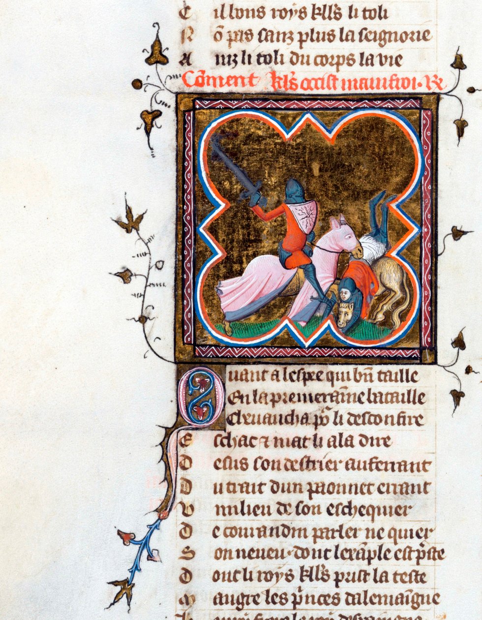 ""ridder i rustning"" Oplyst side fra manuskriptet ""Le Roman de la Rose"" af Guillaume de Lorris (ca. 1200-1238) og Jean de Meun (Meung) (1240-1305) ca. 1353 Schweiz Bibliotheque de Geneve af Unknown artist