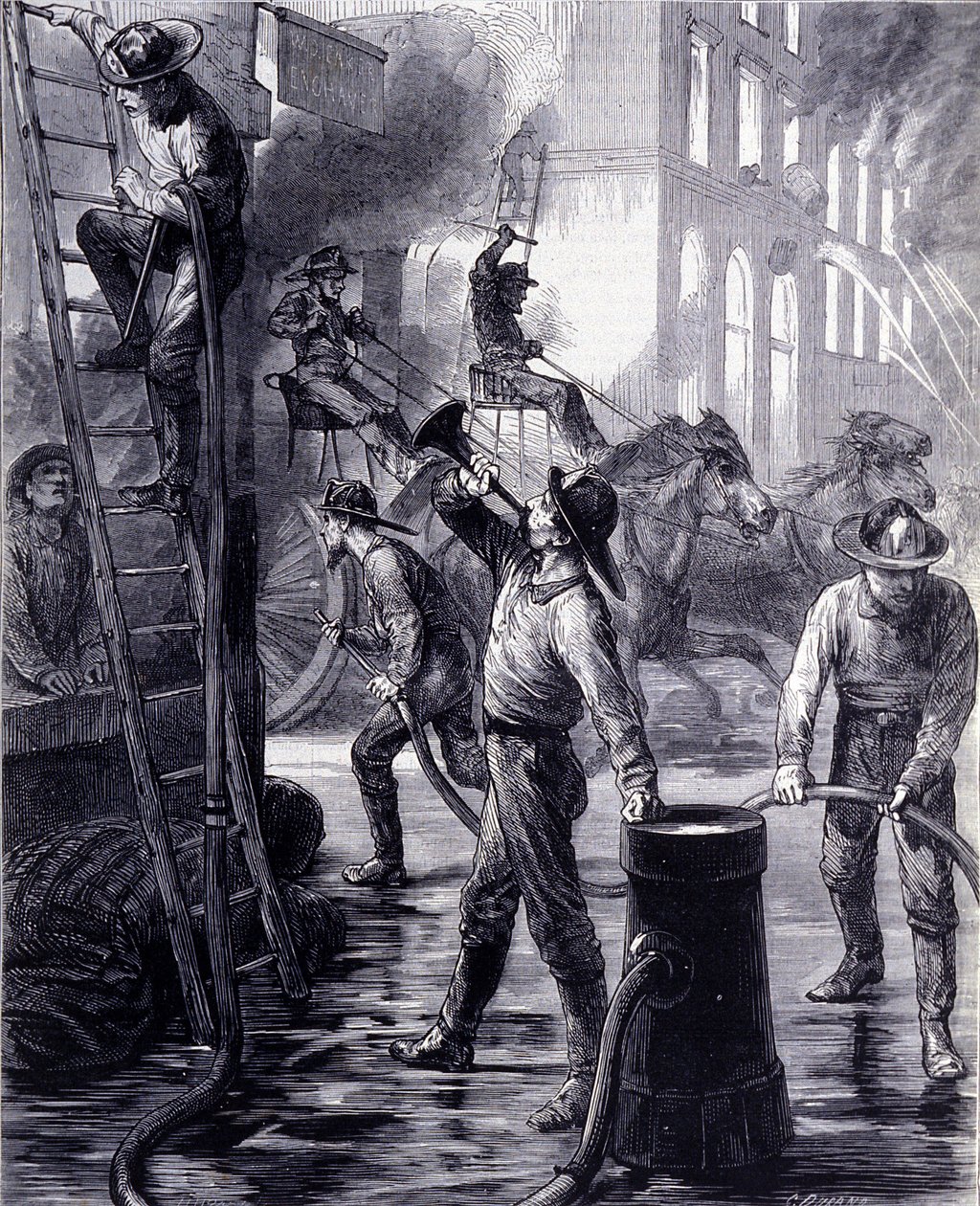 Chicago Fire Brigade Breaking a Fire, USA. 19. århundrede af Unknown artist