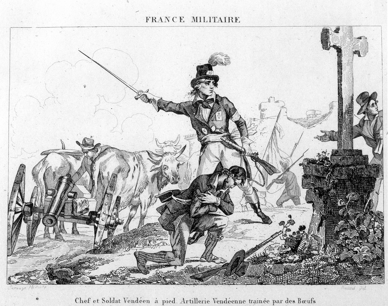 Chef og soldat til fods. Vendeansk artilleri slæbt af okser. Indgravering af det 19. århundrede. af Unknown artist