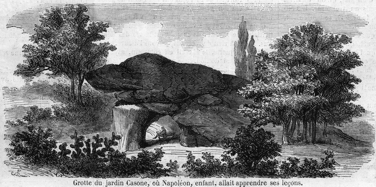 Napoleons barndom 1.: udsigt over hulen i haven Casone på Korsika eller Napoleon (1769-1821) skulle lære hans lektier. Indgravering af det 19. århundrede. af Unknown artist