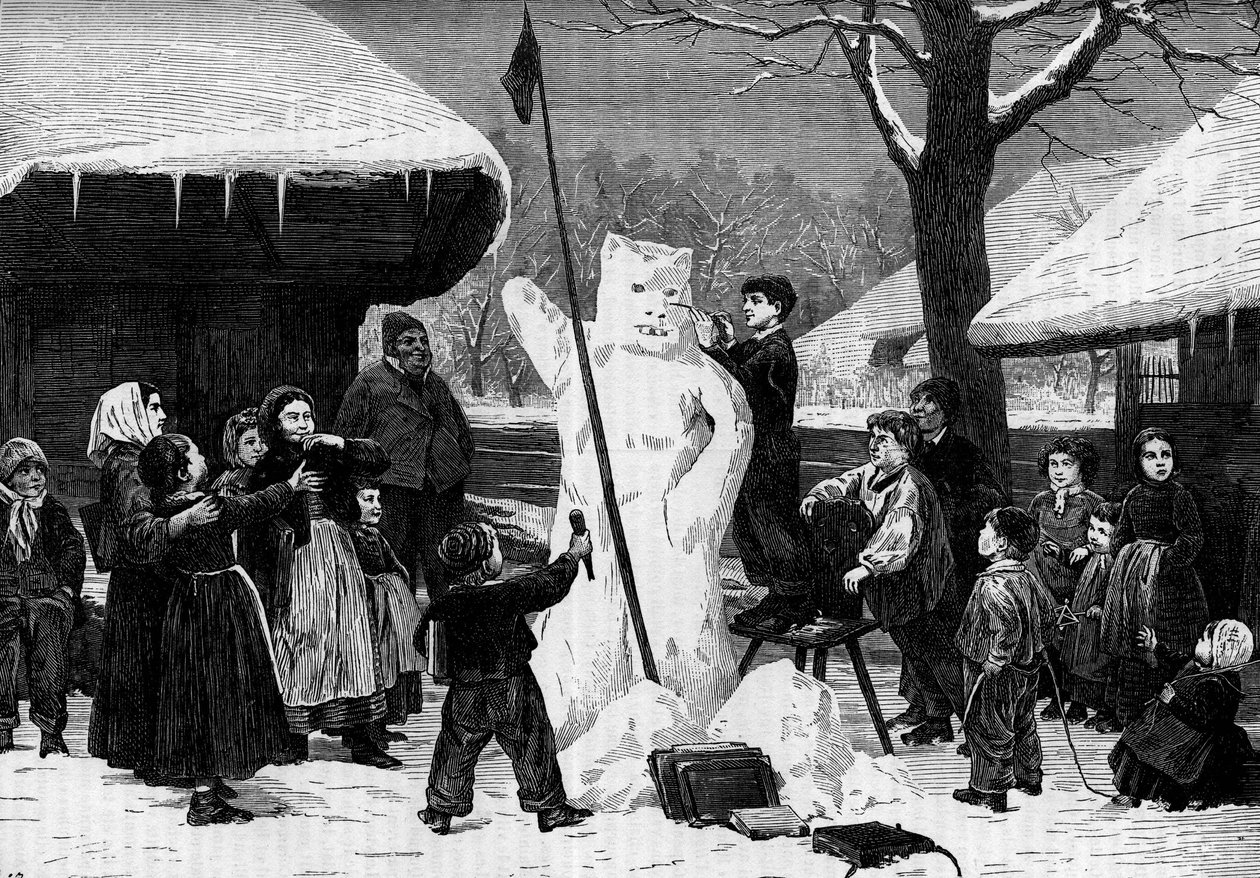 Børn laver en snemand i en landsby i Alperne. Gravering i "" Le Journal de la jeunesse"" af Unknown artist