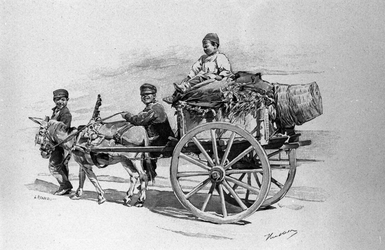 Børn af folket på en vogn trukket af et æsel. Siciliens gravering af det 19. århundrede af Unknown artist