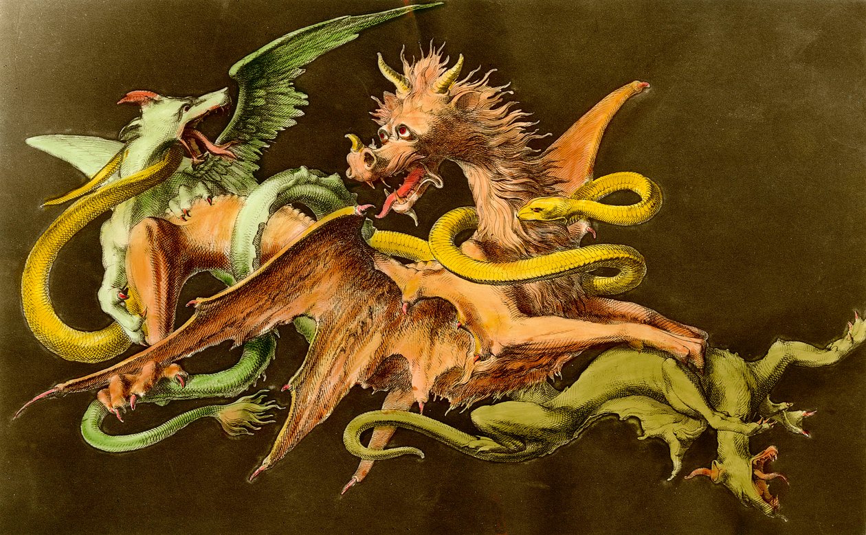 Chimeres En drage, der kæmper mod to monstre. Stik fra 1800-tallet. af Unknown artist