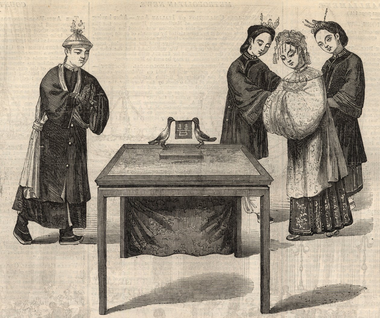 Kinesisk skik: underskrive en ægtepagt. En tablet med navnene på de to ægtefæller lægges på et bord med to duer. Indgravering i ""The Illustrated London News"" af 14. februar 1857. af Unknown artist