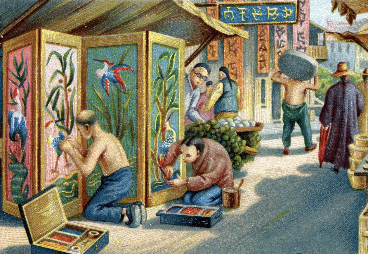 Kinesiske plumassier arbejder på gaden: de laver paneler eller skærme ved hjælp af en nål og fjer. Kromolitografi af det 19. århundrede af Unknown artist