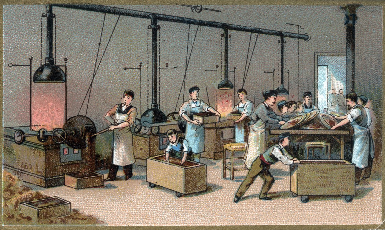 Chokoladefremstilling. Kakao Torrefaction Room. Kromolitografi i slutningen af det 19. århundrede af Unknown artist