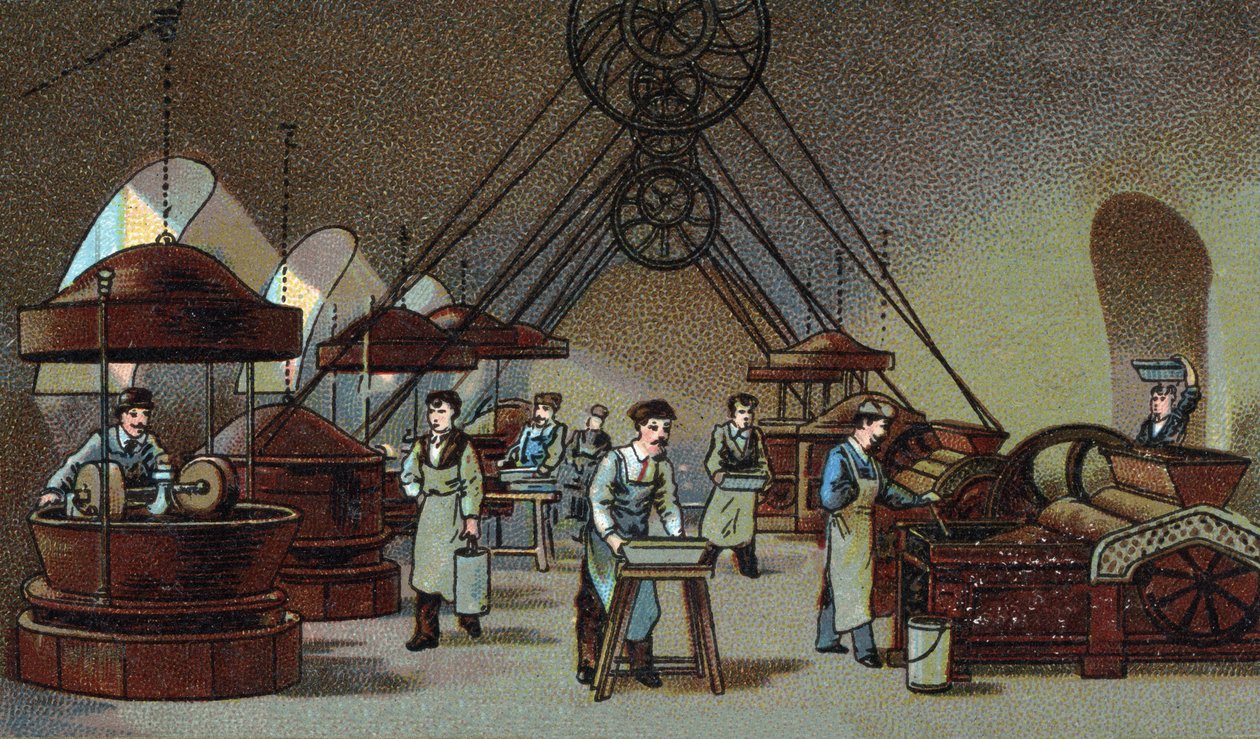 Chokoladefremstilling: maleværksted. Kromolitografi fra slutningen af det 19. århundrede af Unknown artist