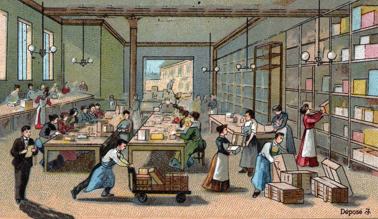 Chokoladefremstilling: emballering, forsendelse. Kromolitografi fra slutningen af det 19. århundrede af Unknown artist