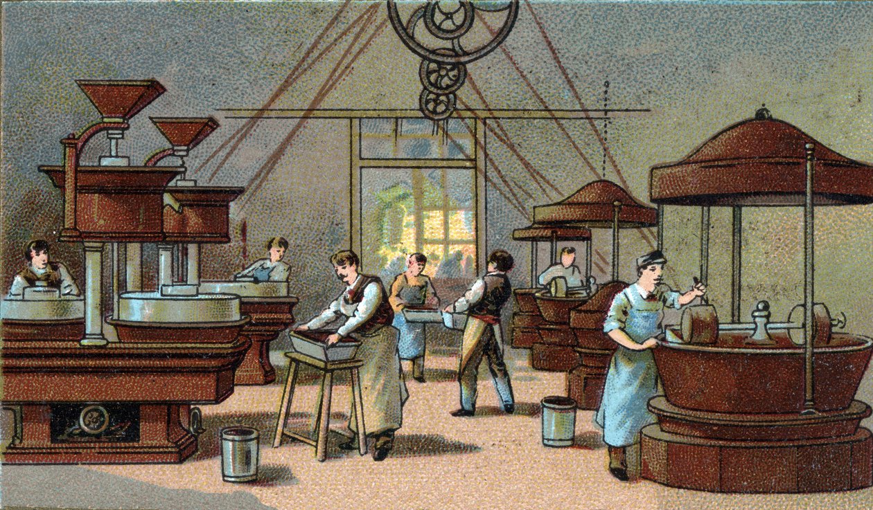 Chokoladefremstilling, blanderum. Kromolitografi fra slutningen af det 19. århundrede af Unknown artist