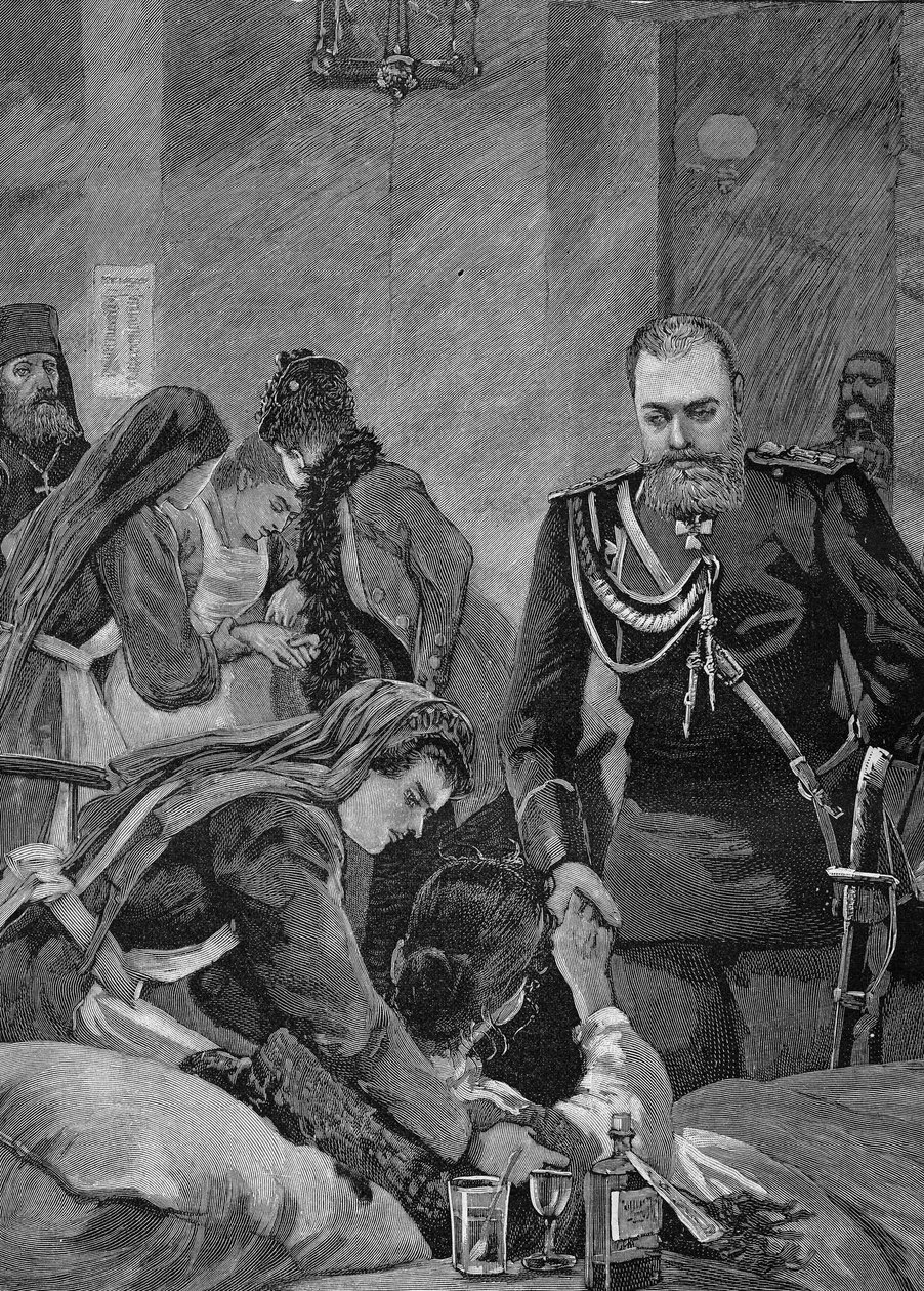 Kolera i Rusland i 1892: Alexander III, kejser af Rusland og hans kone Maria Feodorovna, Ruslands kejser besøger et hospital. Stik fra 1892. af Unknown artist