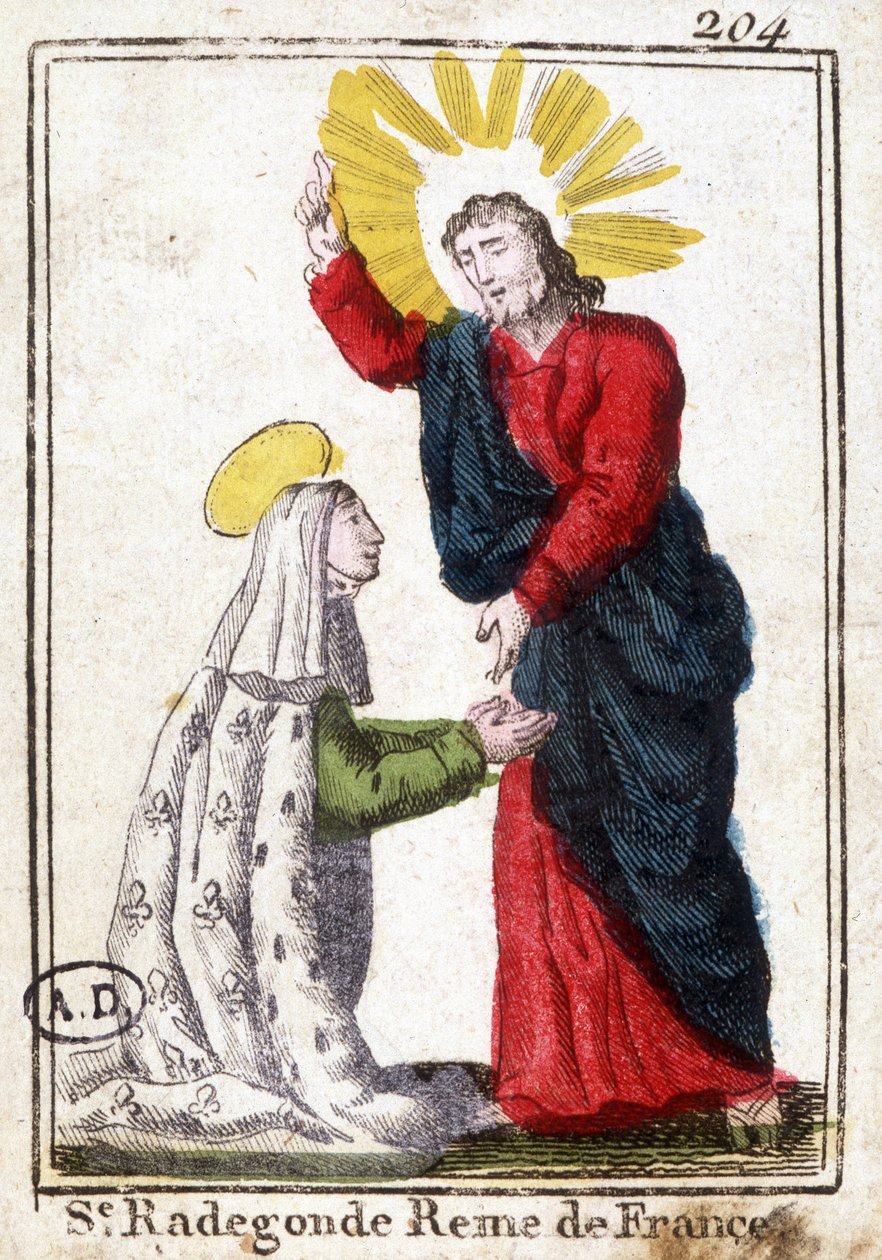 Kristus og Saint Radegonde (ca. 520 - 587), dronning af Frankrig, hustru til Clotaire (Clothaire) I. fromt billede. Stik fra begyndelsen af 1800-tallet. Bibliotheque des Arts décoratifs de Paris. af Unknown artist