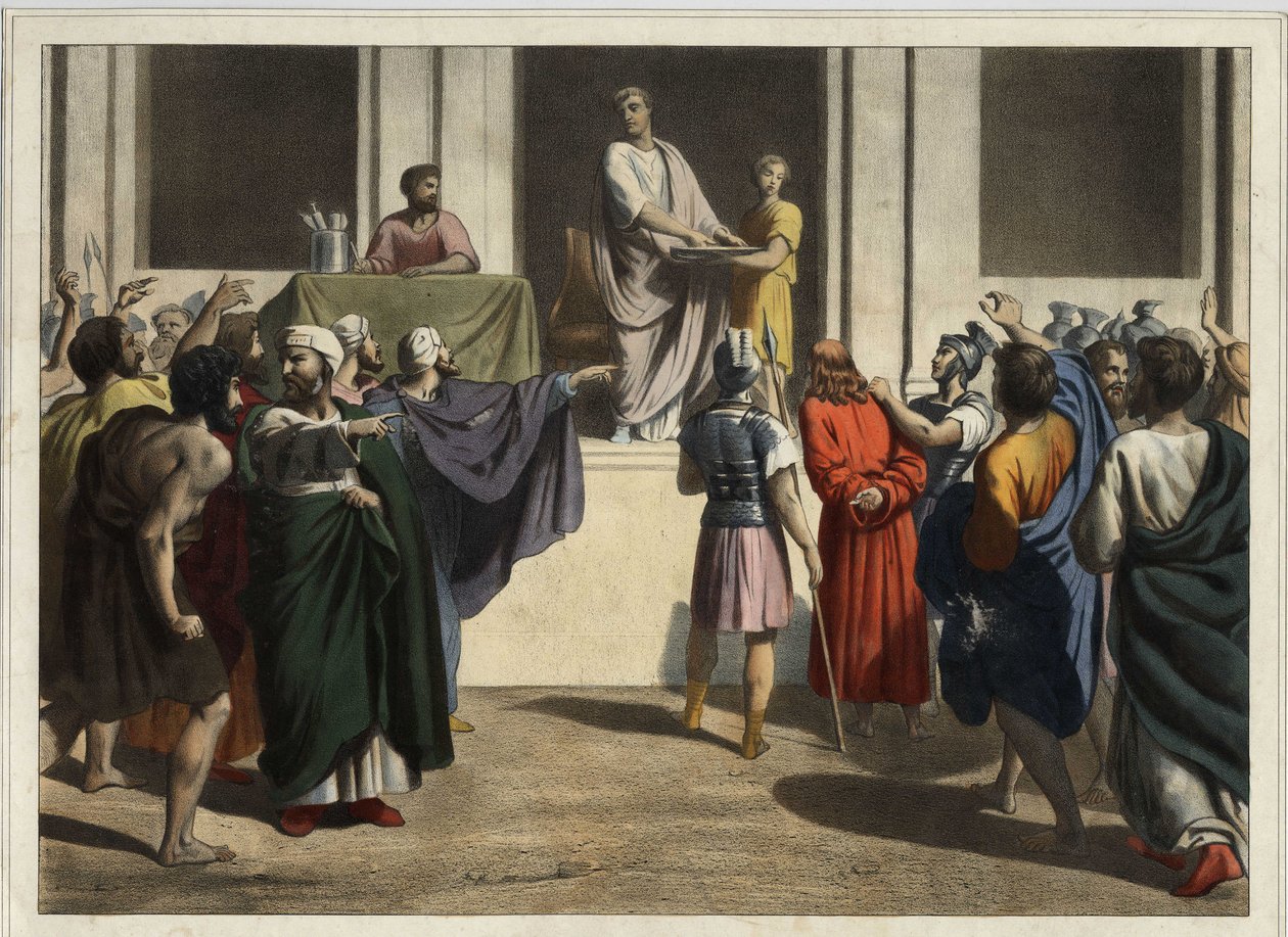 Kristus før Pontius Pilatius: Da Pilatus så, at folket ønskede Jesu død og frygtede et optøj, tog han vand, vaskede sine hænder for folkemængden og sagde: "Jeg er ikke ansvarlig for dette blod; det er op til dig at se”. Anonym gravering fra mi af Unknown artist