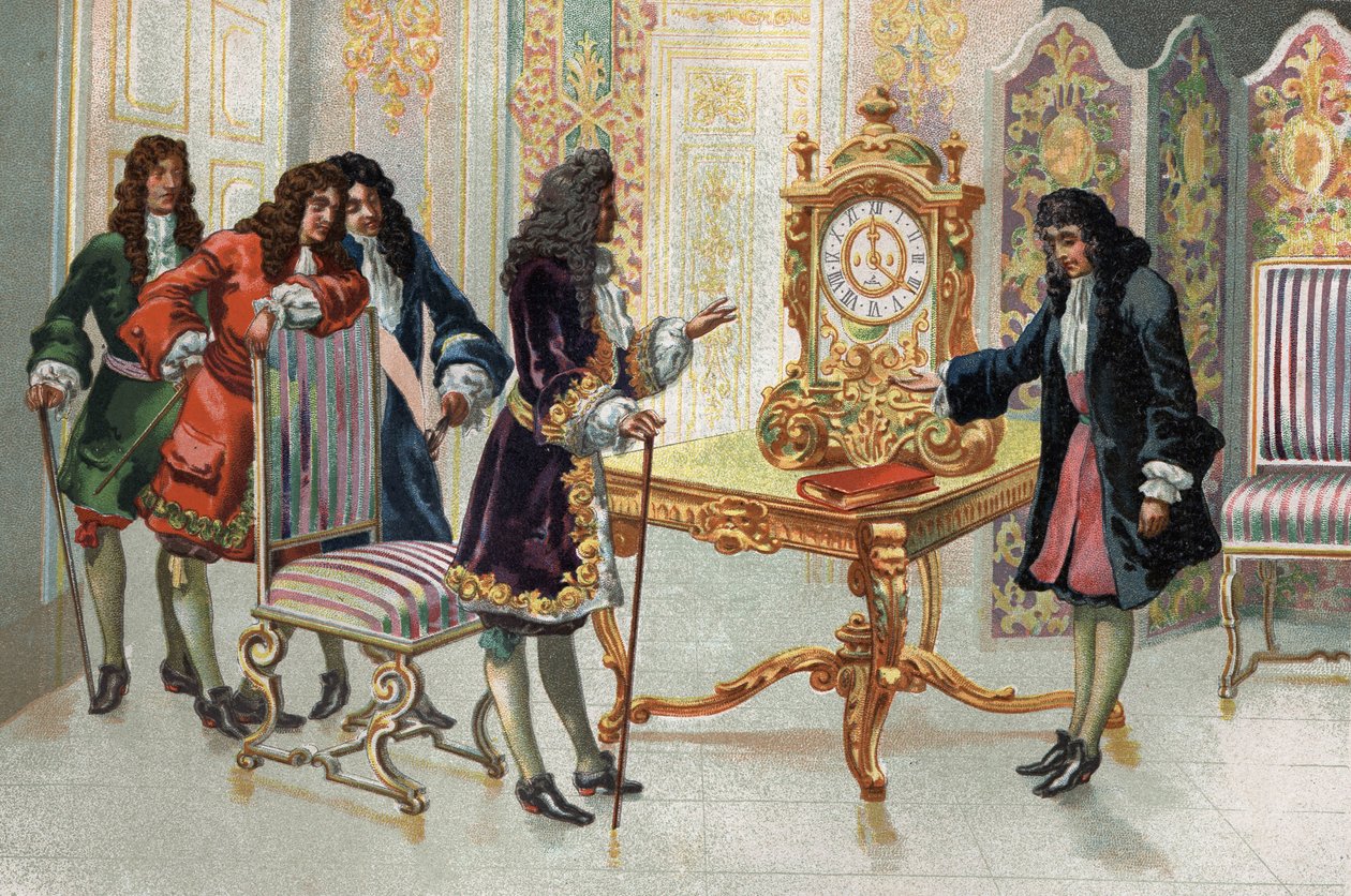 Christiaan Huygens (1629-1695), hollandsk matematiker og astronom, præsenterer sit ur til Louis XIV. af Unknown artist