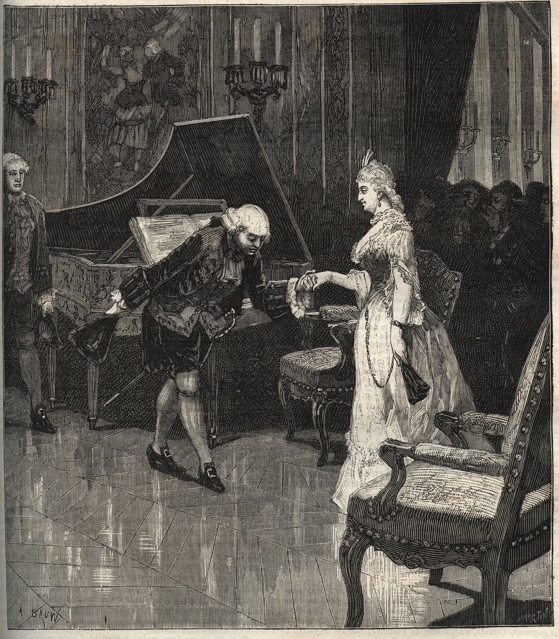Christoph Willibald Gluck før dronningen Marie-Antoinette ved Trianon - Christoph Willibald Gluck (1714-1787), tysk komponist, der spiller foran Dronning Marie Antoinette en Trianon - indgravering i "" Popular Music""" illustreret ugeavis - 1882 af Unknown artist
