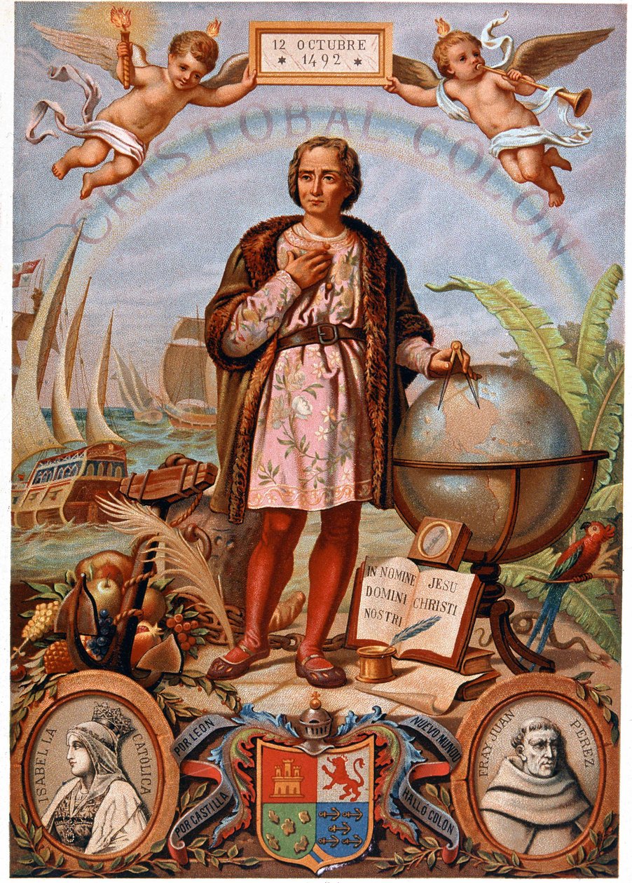 Christopher Columbus. Til venstre, portræt af Isabella den katolske, dronning af Castilien (1451-1504). Spansk kromolitografi fra det 19. århundrede af Unknown artist