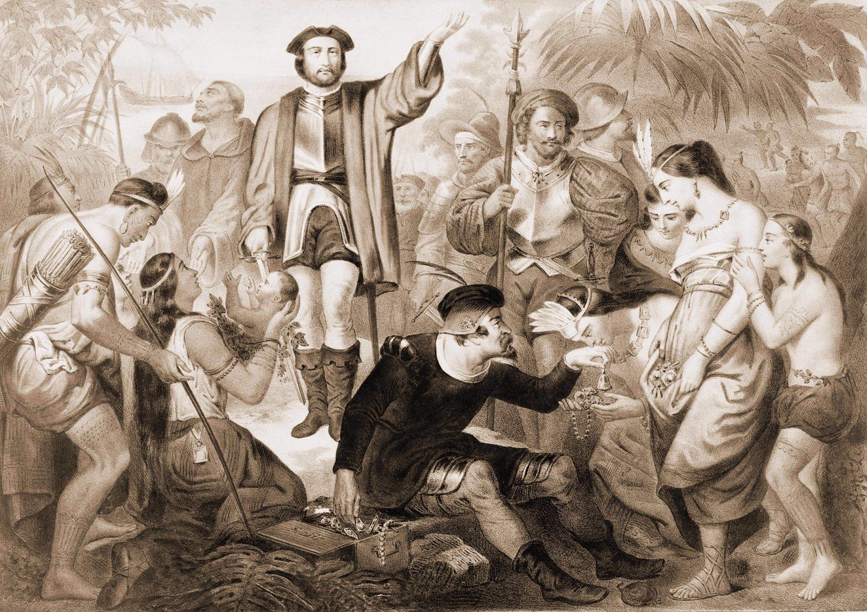Christopher Columbus blandt indianerne. af Unknown artist