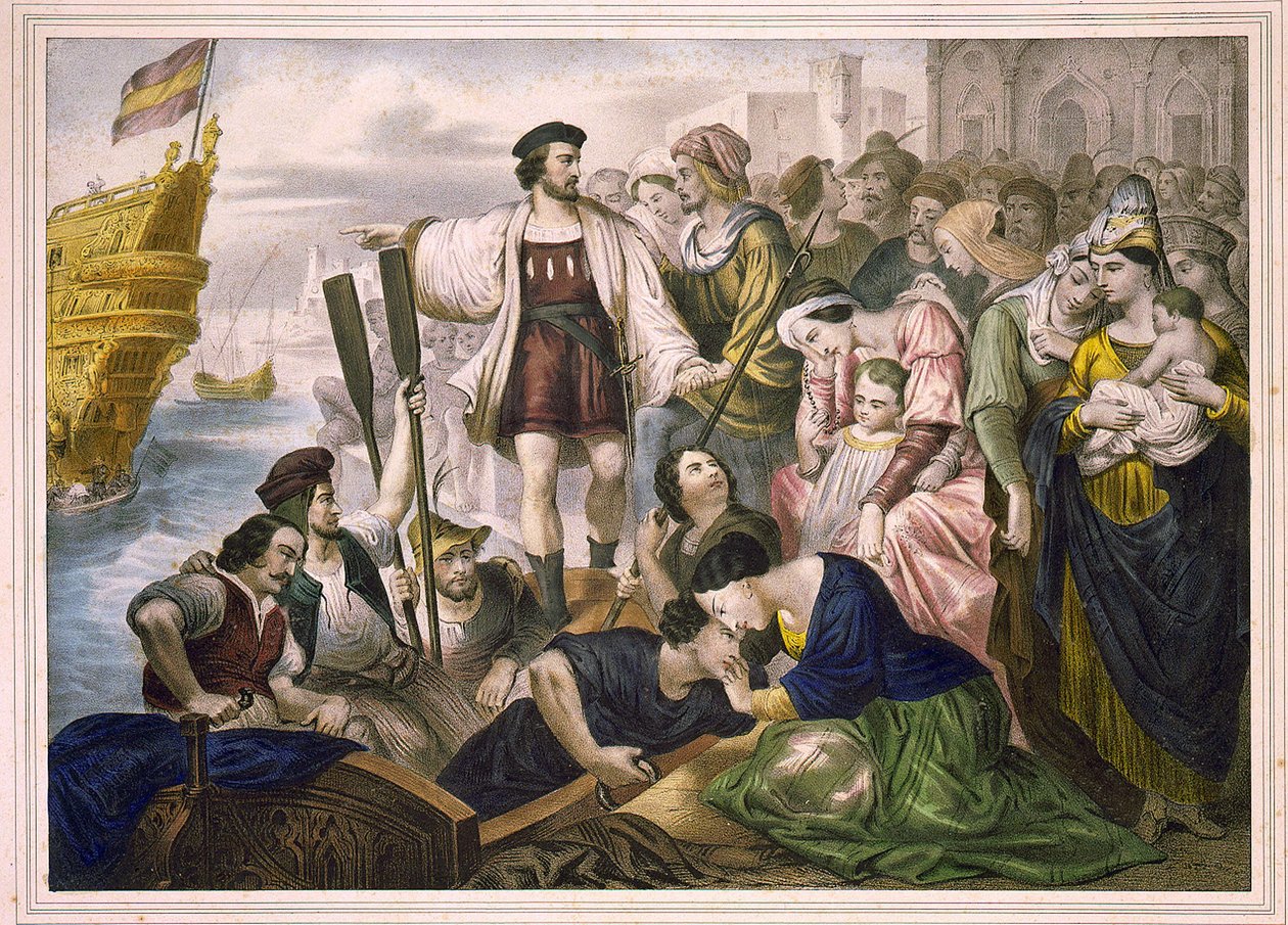 Christopher Columbus og Pinzon-brødrene forlader havnen i Palos i Spanien den 03/08/1492 til den nye verden. Gravering sd. 2. halvdel af 1800-tallet. af Unknown artist