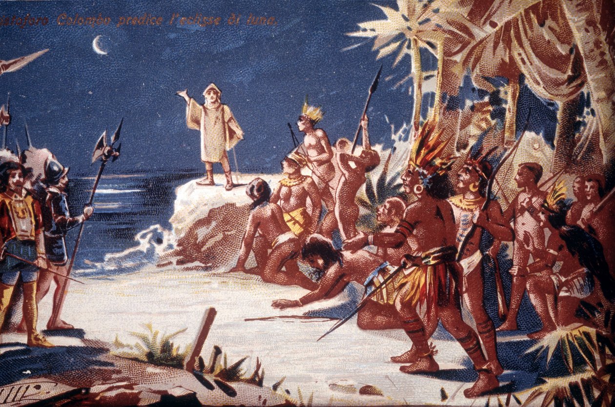 Christopher Columbus forudsiger måneformørkelsen for indianerne. 1800-tallets kromolitografi. af Unknown artist