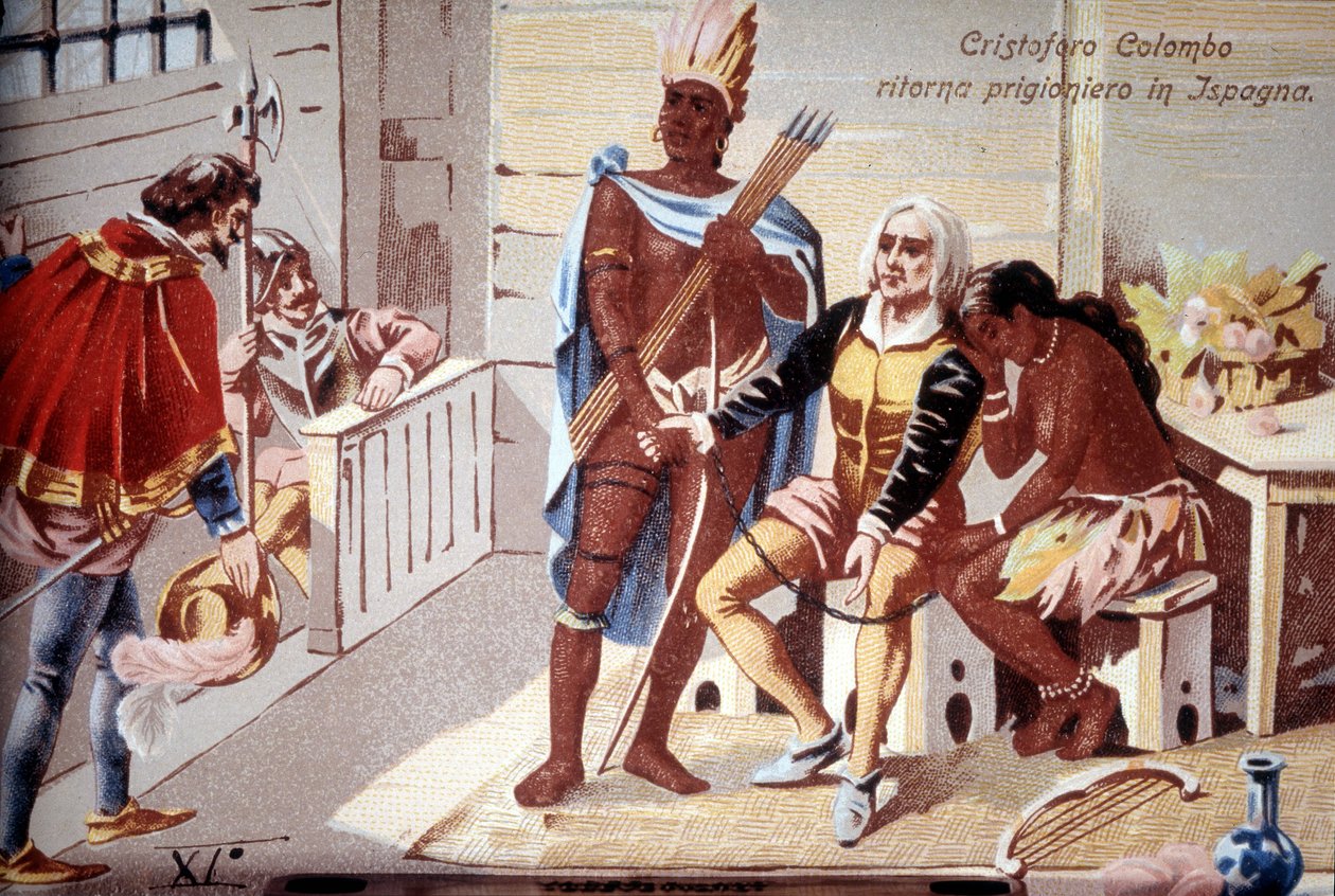 Christopher Columbus returnerer fangen til Spanien. 1800-tallets kromolitografi. af Unknown artist