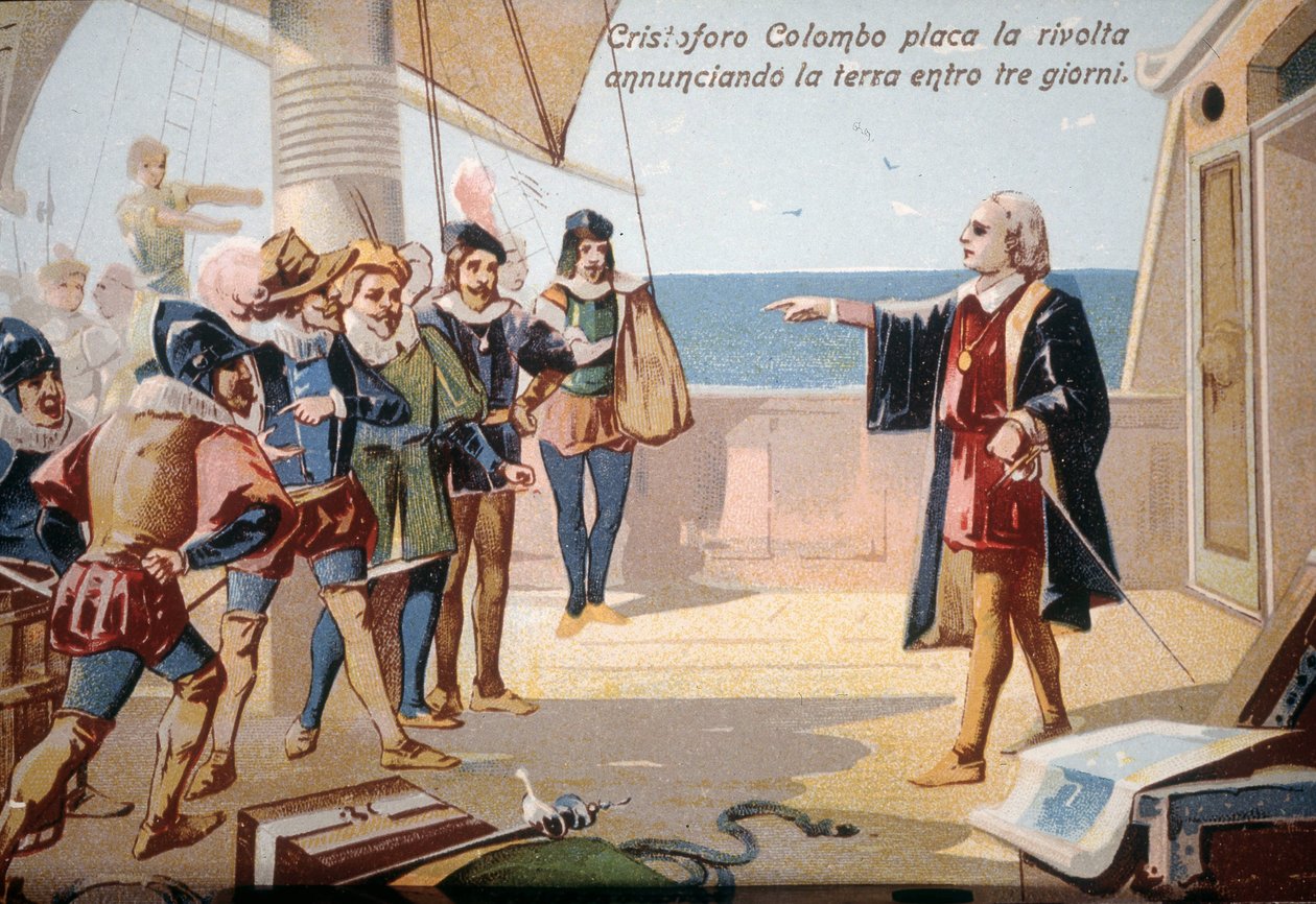 Christopher Columbus stoppede besætningsoprøret ved at annoncere landet på tre dage. kromolitografi fra 1800-tallet. af Unknown artist