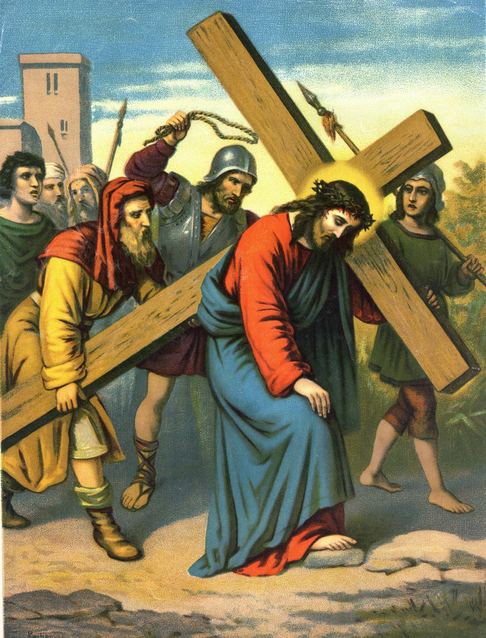 Kromolitografi fra slutningen af det 19. århundrede, der skildrer Kristi liv: Jesus bærer sit kors. af Unknown artist