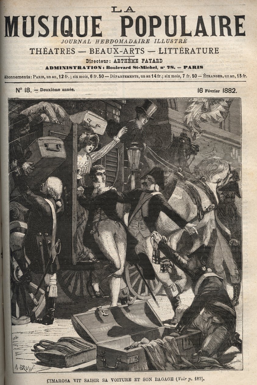 Cimarosa ser sin bil og bagage beslaglagt Domenico Cimarosa (1749-1801), italiensk komponist fra det 18. århundrede. indgravering i "" Popular Music """ berømte ugeavis - 1882 af Unknown artist
