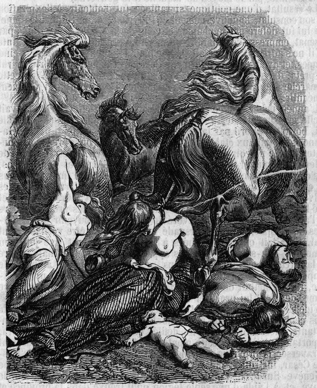 Cimbres-krigen omkring 120 f.Kr.: kvinder, ældste og børn af Ambrons-stammen (Ambrones) kaster sig under fjendens heste eller dør for at undgå slaveri fra romerne. af Unknown artist