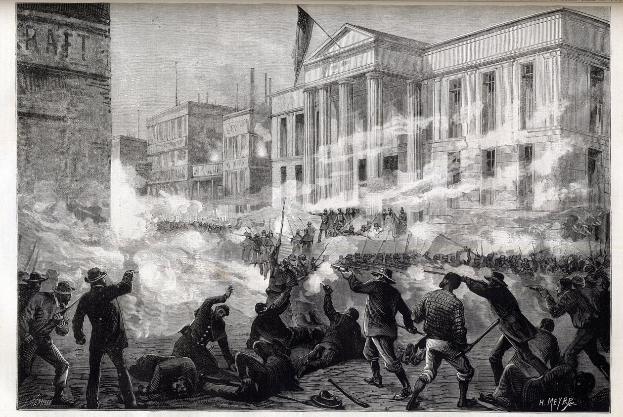 Cincinnati Courthouse-optøjer i 1884 - et optøj startede efter en jurydom om manddrab efter en berygtet mordsag, 28. marts 1884 - af Unknown artist
