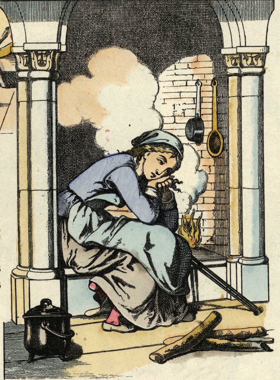 Askepot drømmer om et bedre liv nær køkkenpejsen. Illustration af Charles Perraults fortælling "Askepot eller La petite slipper de verre" af Unknown artist