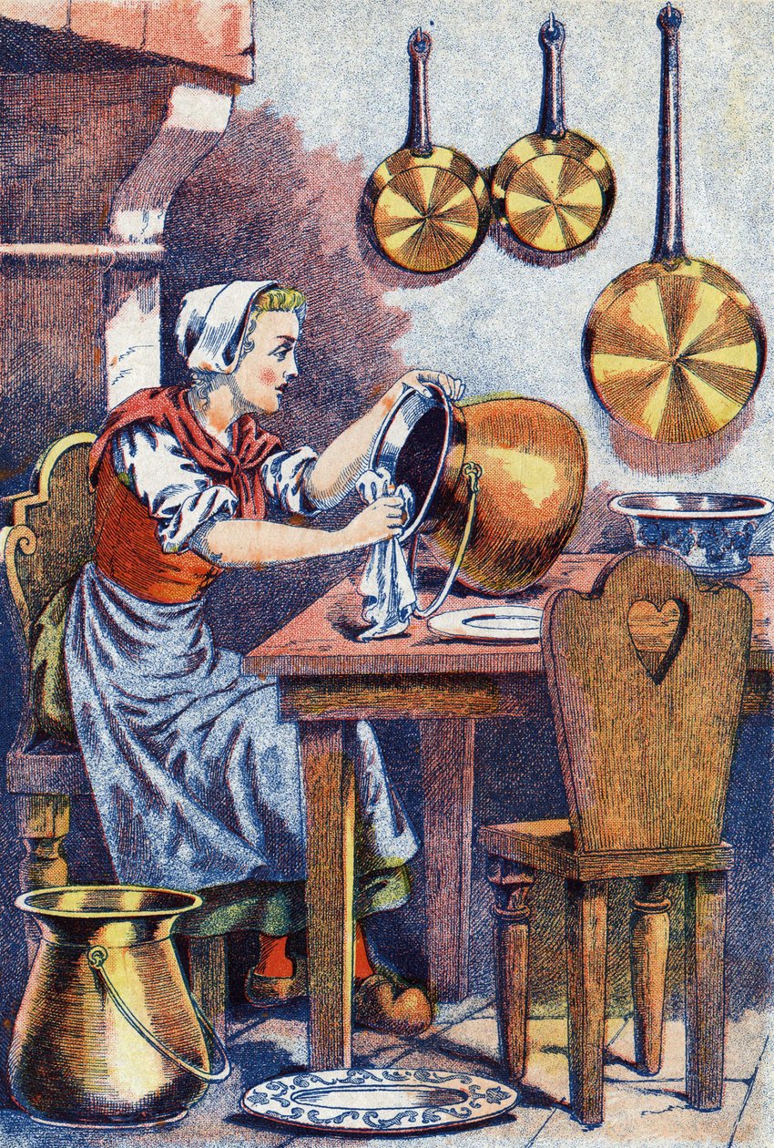 Askepot i sit køkken, "", Illustration til "" Askepot", fortælling af Charles Perrault (1628-1703), fransk forfatter. Anonym illustration. af Unknown artist