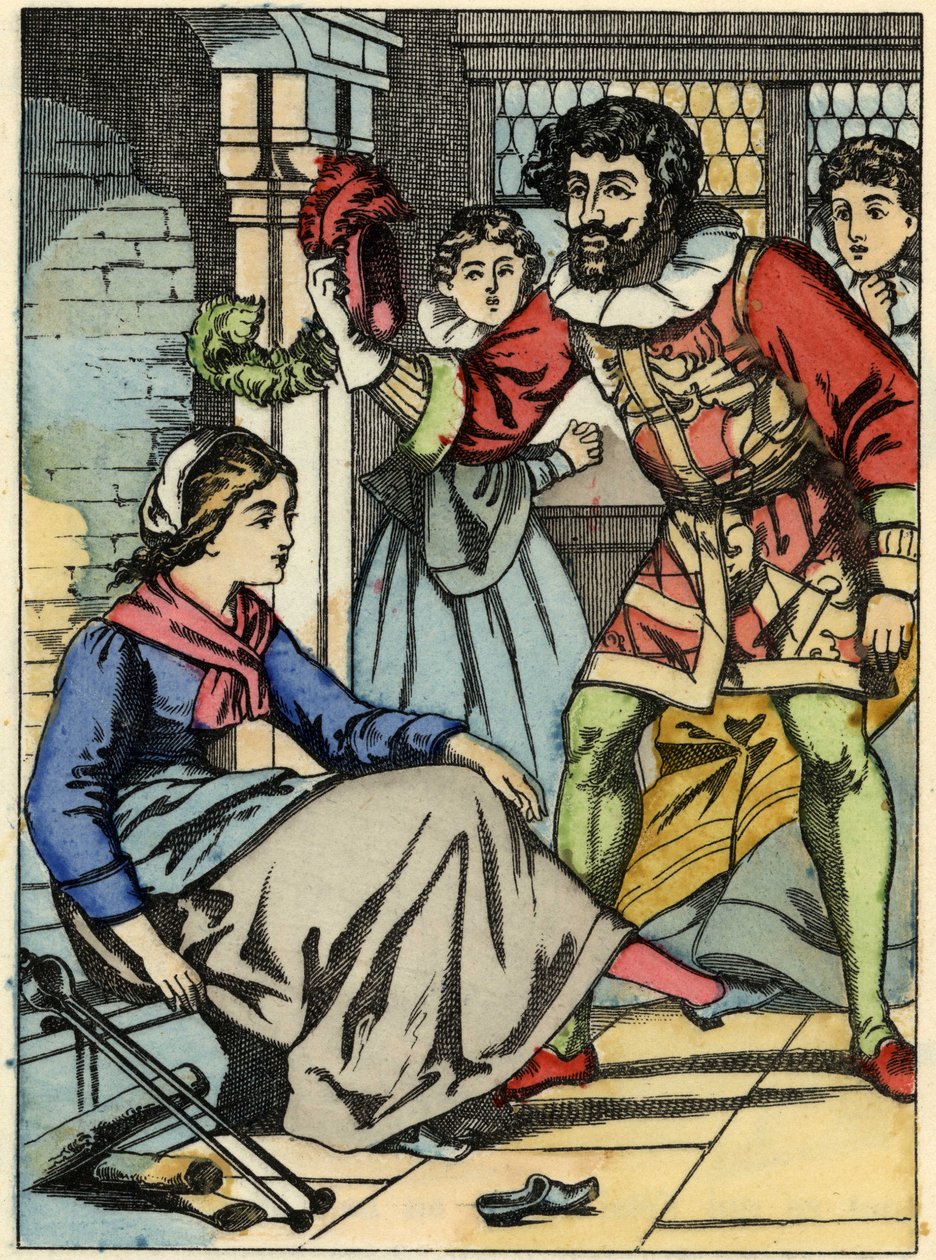 Askepot prøver glasskoen fundet af prinsen. Illustration af Charles Perraults fortælling "Askepot eller La petite slipper de verre" af Unknown artist
