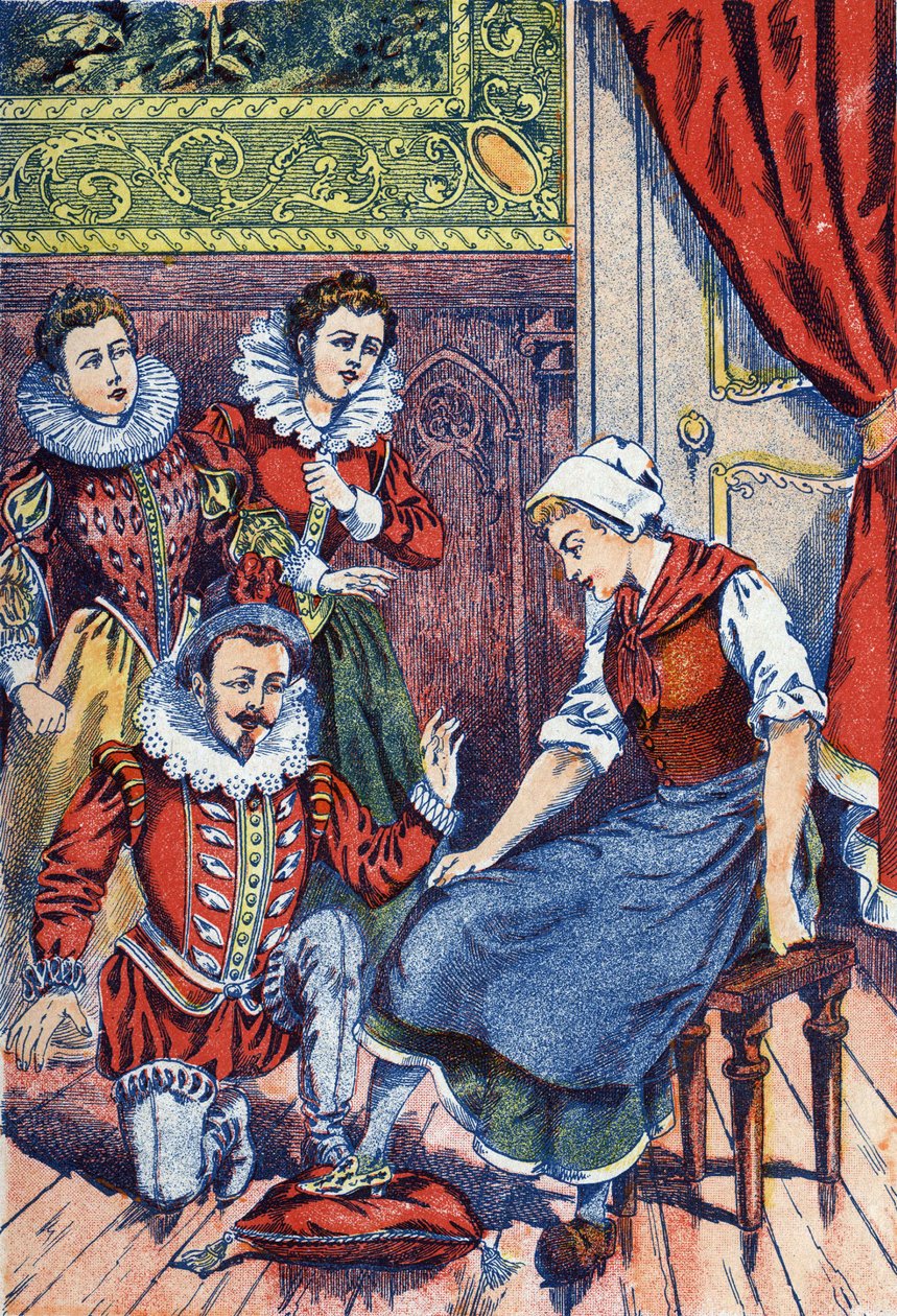Askepot prøver hjemmeskoen. Anonym illustration til "" Askepot", fortælling af Charles Perrault (1628-1703), fransk forfatter. Billedmateriale Marcel Vagne, Jarville Nancy, udateret (slutningen af det 19. århundrede). af Unknown artist