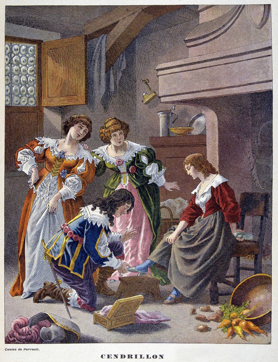 Askepot prøver tøflen fra vair - i "" Les Tales de Perrault"" af Unknown artist