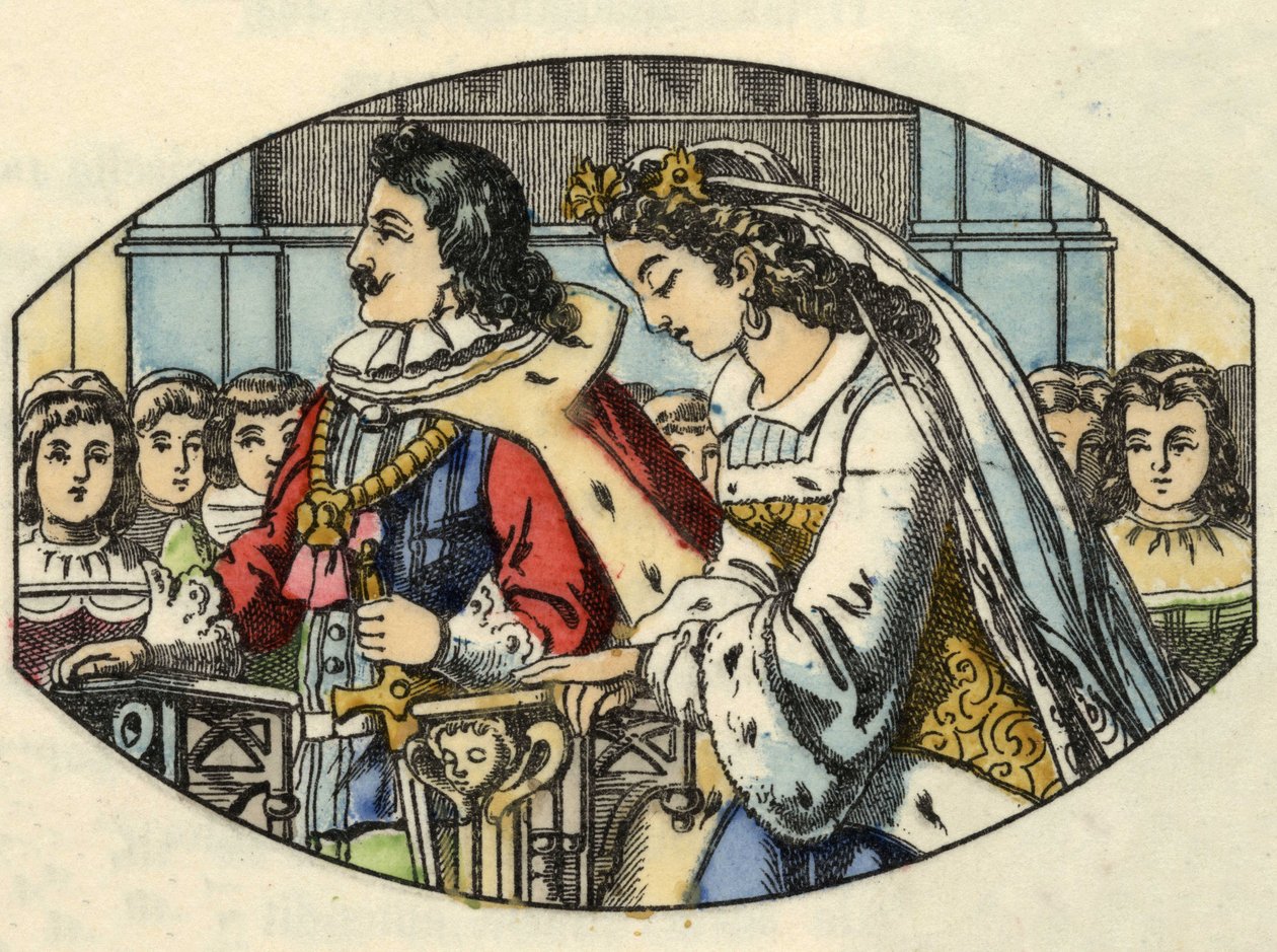 Askepots bryllup med prinsen. Illustration af Charles Perraults fortælling "Askepot eller La petite slipper de verre" af Unknown artist