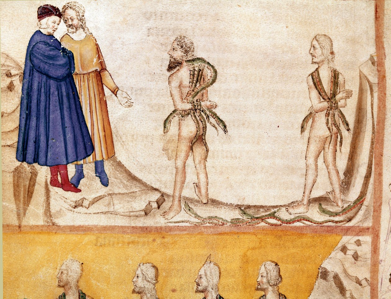 Circle of Thieves: Vanni Fucci (1200-tallet) forudsagde Dante og Virgil de Hvide Guelfs nederlag. Oplyst side, der illustrerer den 24. helvedes sang, stammer fra "Divina Commedia" af Dante Alighieri (1265-1321). 1300-tallet, Venedig, Bibliotec af Unknown artist