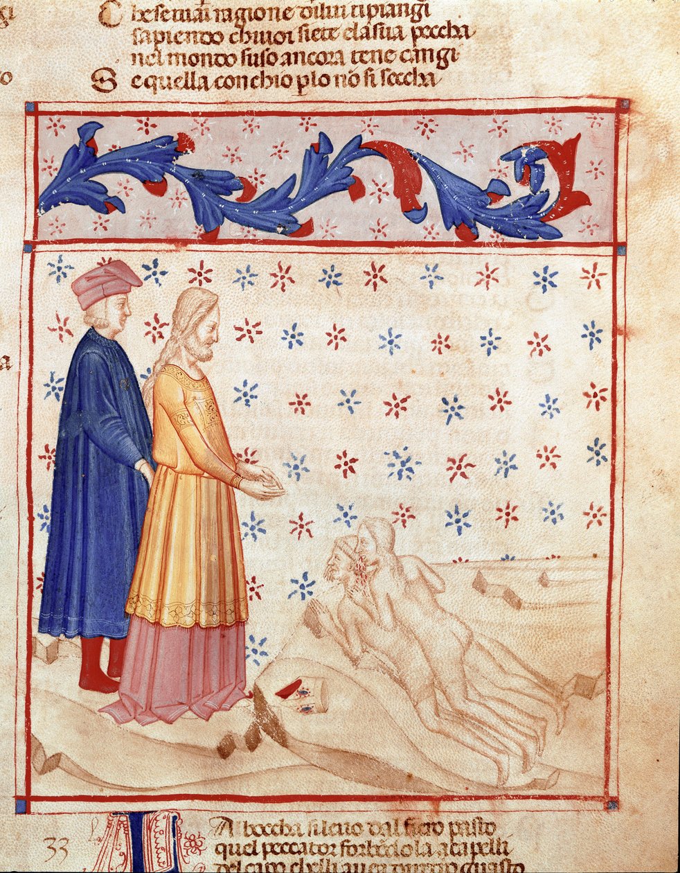 Circle of Traitors: Dante og Virgil møder Ugolino della gherardesca, tyran i Pisa og fordømmer for forræderi mod hjemlandet, han slår lederen af Archeveque Ruggeri. Oplyst side, der illustrerer den 33. helvedesang, henter fra "Divina Commedia" af Unknown artist