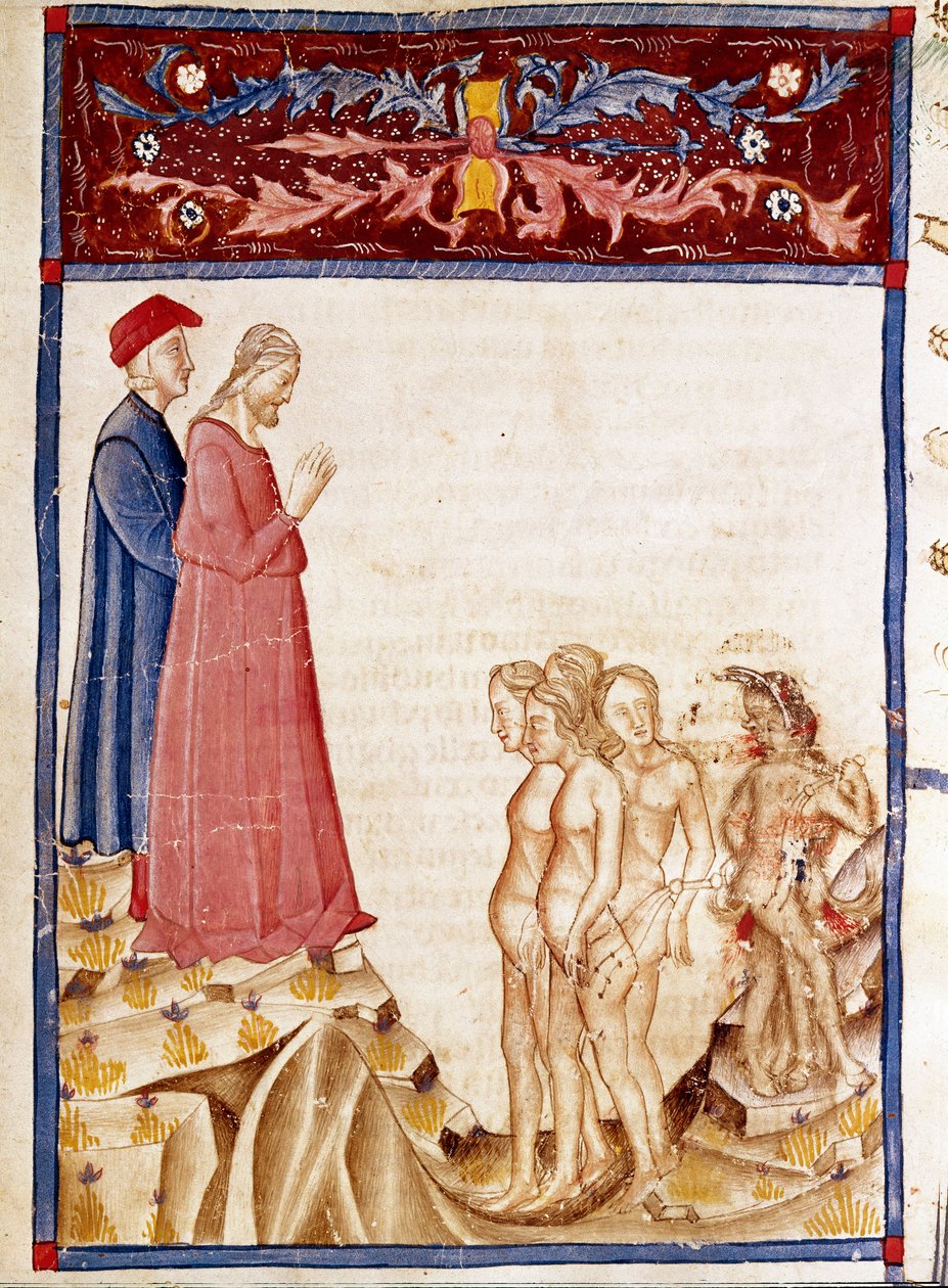 Circle of Traitors: Dante og Virgil møder sjælene fra velgørernes forrædere. Oplyst side, der illustrerer den 34. helvedes sang, stammer fra "Divina Commedia" af Dante Alighieri (1265-1321). 1300-tallet, Venedig, Biblioteca Marciana af Unknown artist