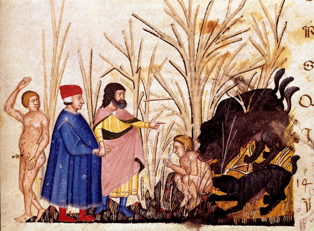 Circle of Violents: Dante og Virgil møder de voldelige over for andre. Oplyst side, der illustrerer en helvedesang, stammer fra "Divina Commedia" af Dante Alighieri (1265-1321). 1300-tallet, Venedig, Biblioteca Marciana af Unknown artist