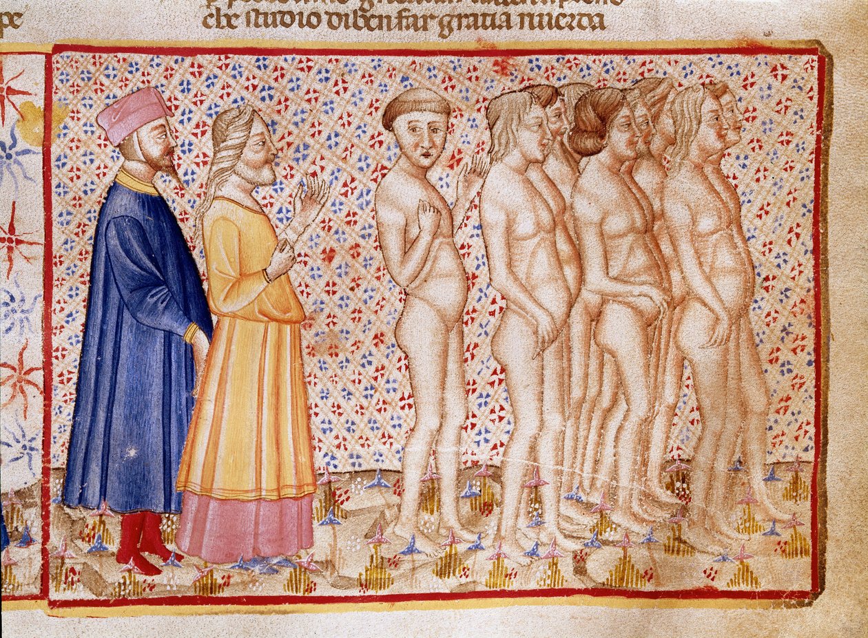 Cirkel af vold mod Gud, natur og kunst: Dante og Vergil møder blasfemikere. Den oplyste side, der illustrerer en helvedesang, stammer fra "Divina Commedia" af Dante Alighieri (1265-1321). 14. århundrede, Venedig, Biblioteca Marciana af Unknown artist