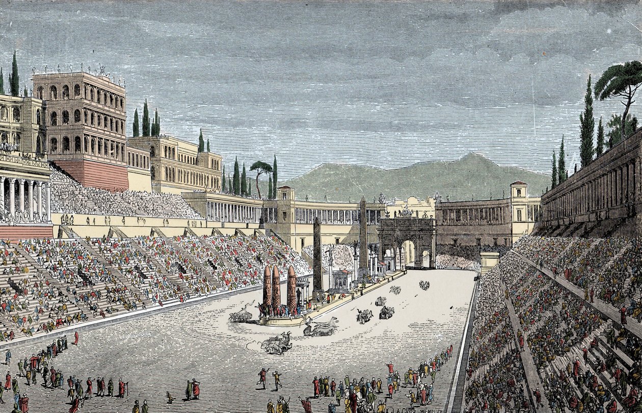 Circus Maximus - Det store cirkus eller cirkus Maxime, i Rom, med et vognløb - Farvegravering af Unknown artist