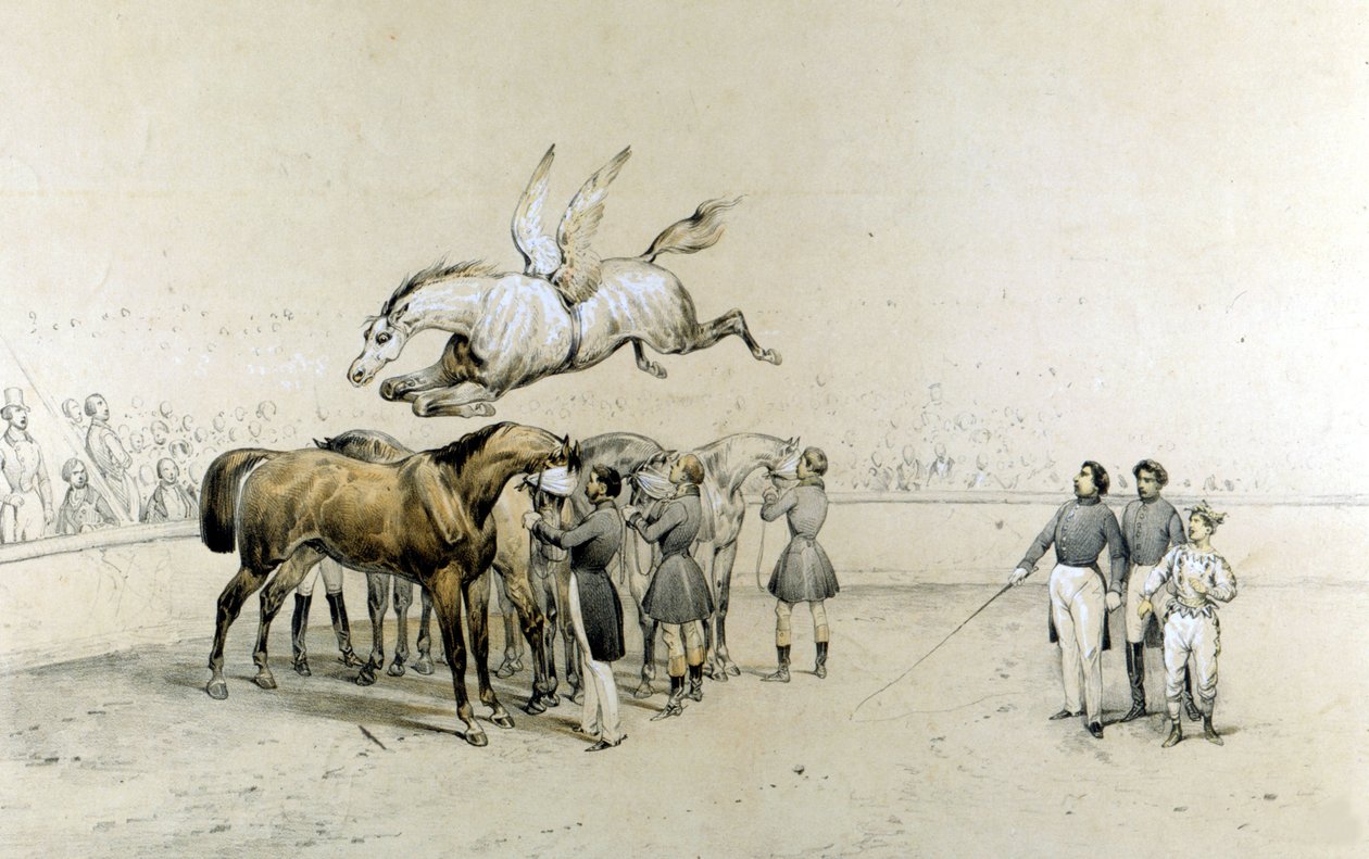 Cirkus viser en bevinget hest springer over tre heste med bind for øjnene. af Unknown artist