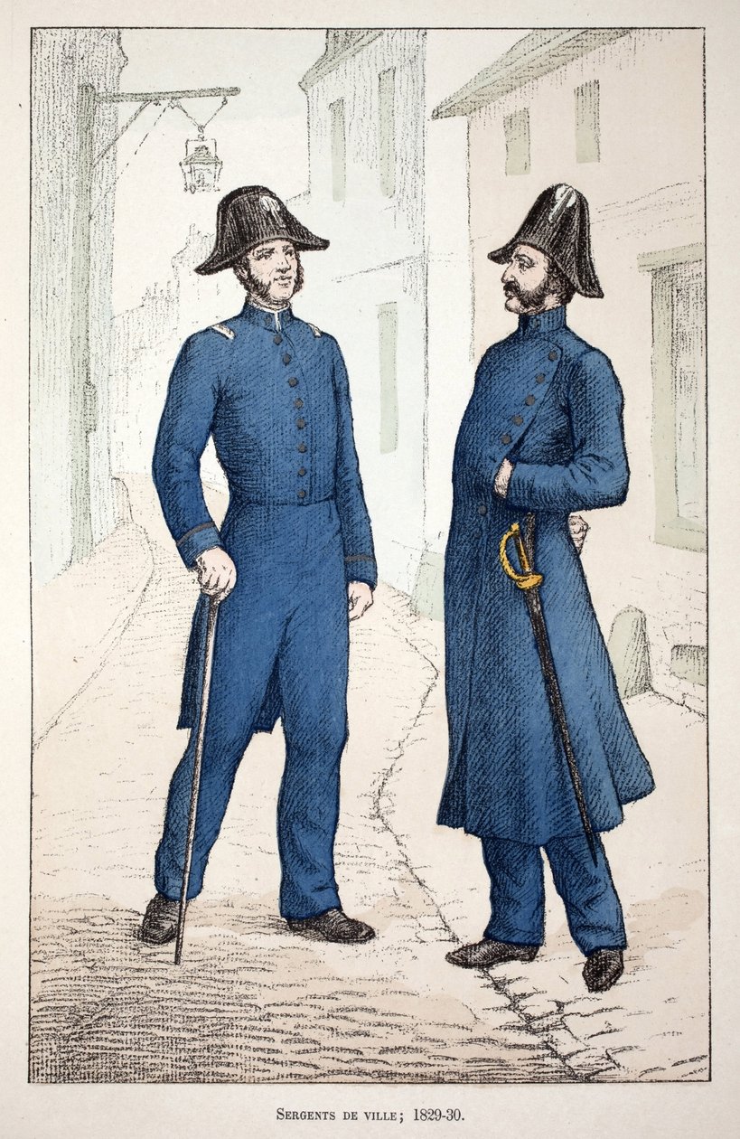 Bysergenter (1829-1830). Radering i farver, til illustration "" Histoire du corps des gardes de la paix""" bog udgivet i regi af Louis Lepine (1846-1933), præfekt for politiet på Seinen, af Alfred Rey (1864-?) og Louis Feron (1862-?) af Unknown artist