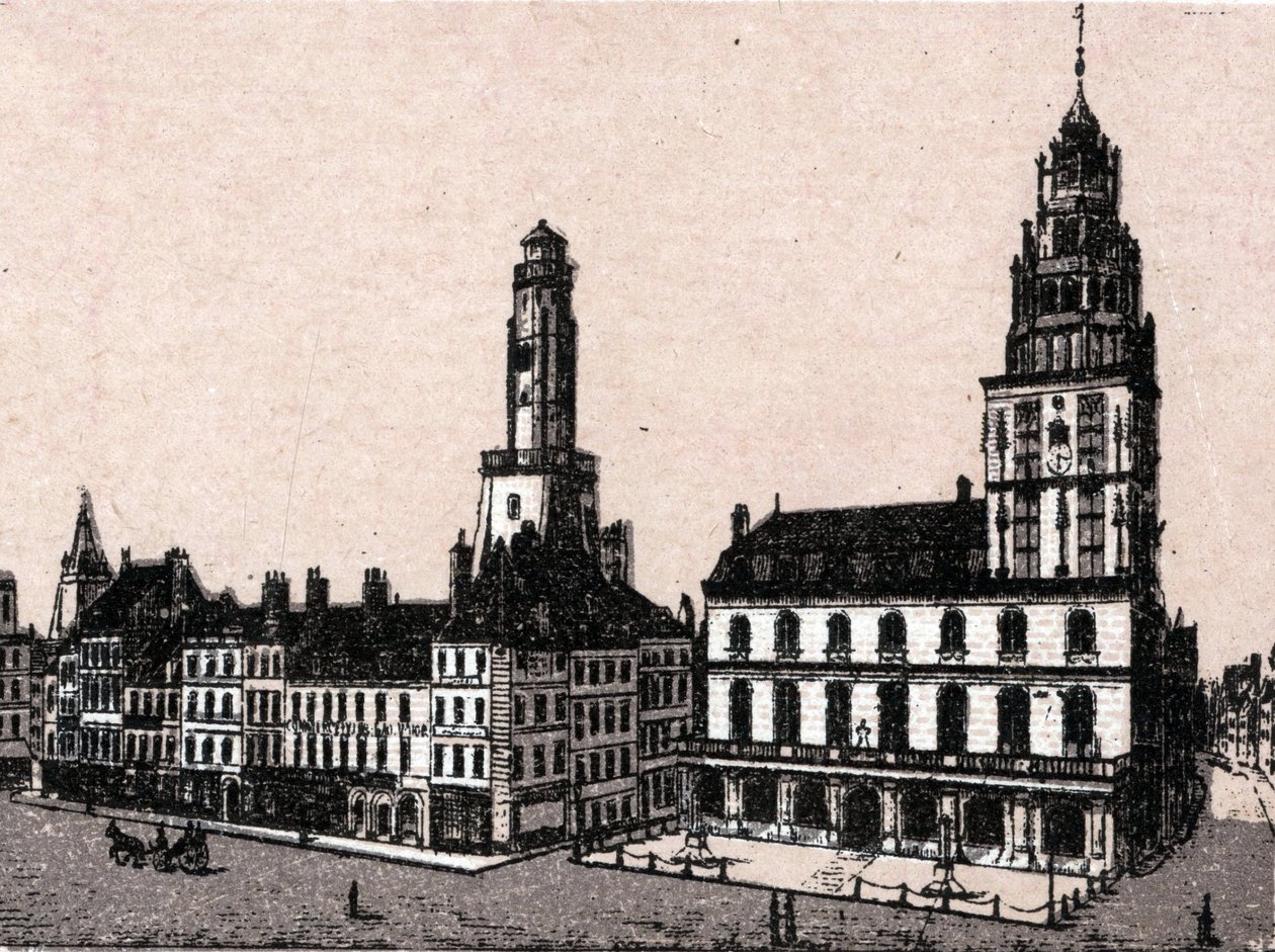 Byen Calais: gammelt fyrtårn og rådhus i "" Verden illustrerer 168 udsigter"" Udateret (slutningen af det 19. århundrede) af Unknown artist