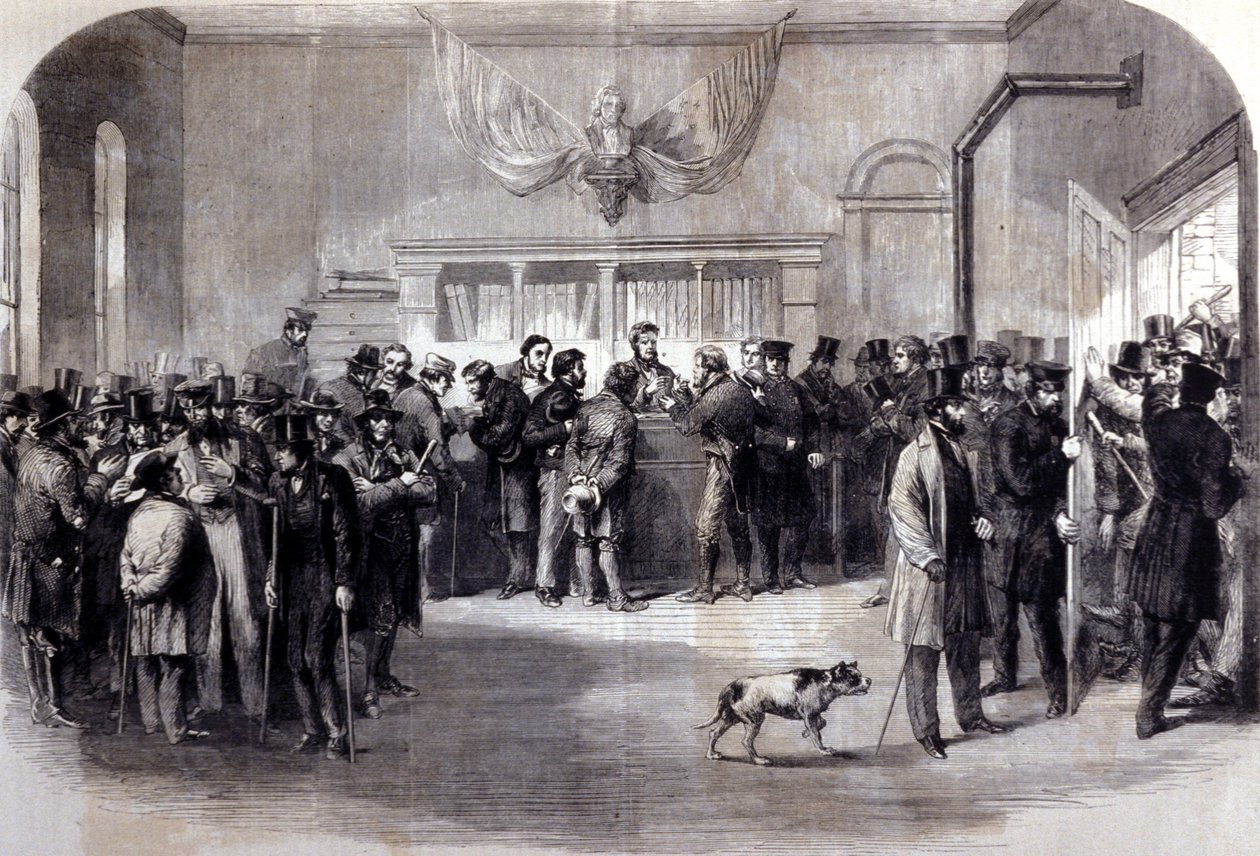 Borgerkrig (1861 - 1865), amerikansk borgerkrig. Værnepligtsfrie ribben foran fritagelseskontorerne. New York. af Unknown artist